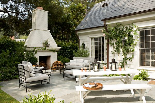 White painted outdoor fireplace