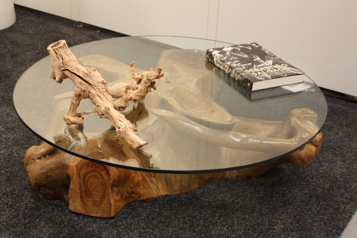 Wood tree base with glass top coffee table