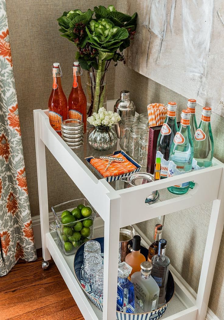 Wooden bar cart on wheels