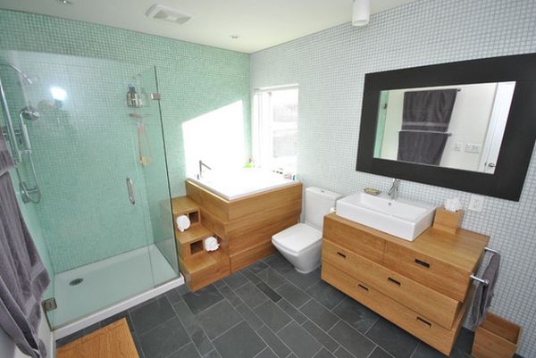 Wooden bathroom furniture steps to tub