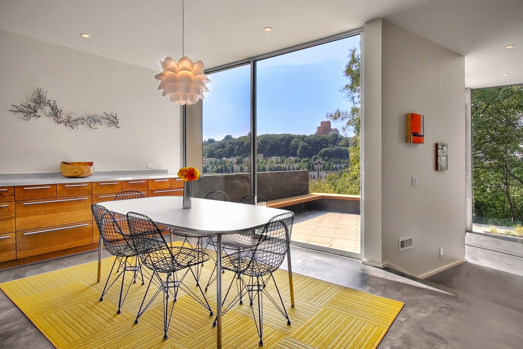 Yellow carpet under dining table tiles design