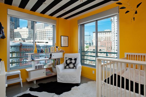Yellow walls with white and black ceiling
