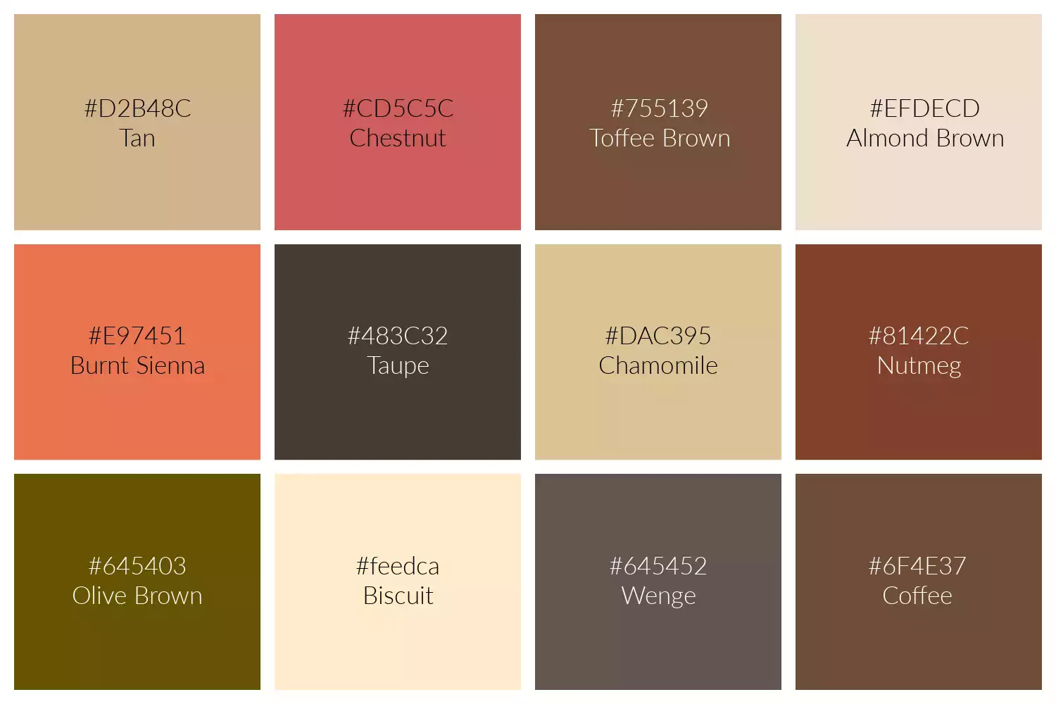 122 Shades of Brown: Names, Hex, RGB, CMYK Codes