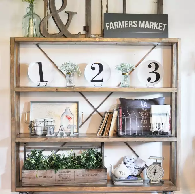 A farmhouse-style rolling bookcase