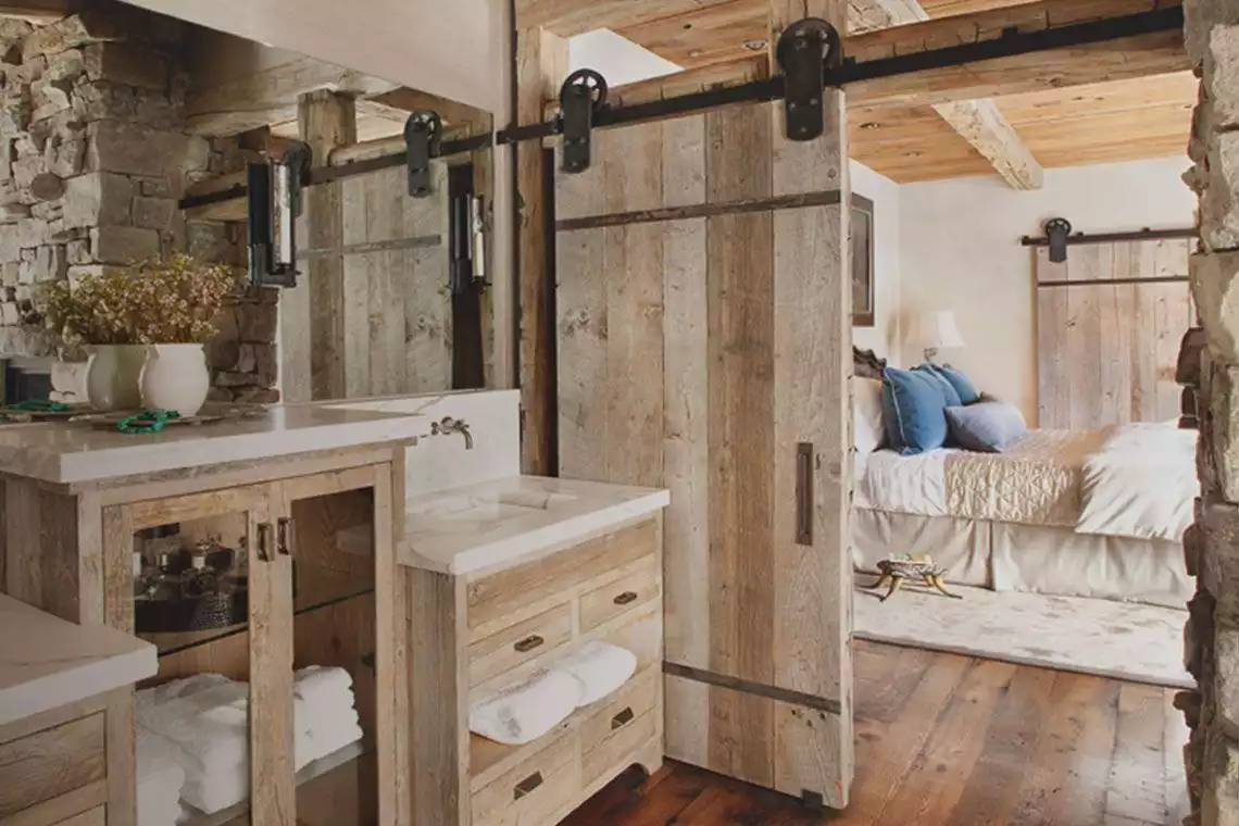 Farmhouse Bathroom with Sliding Barn Door