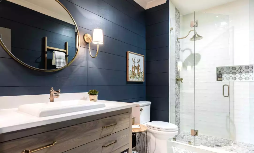 Bathroom wood beadboard in blue and walk in shower