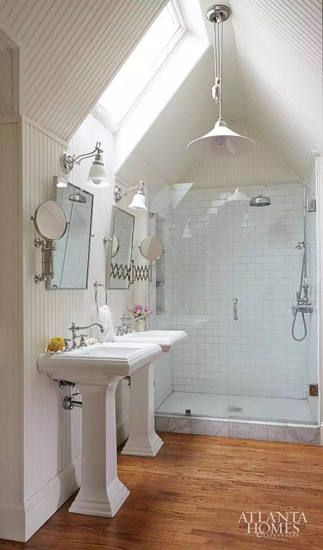 Beadboard ceiling attic bathroom