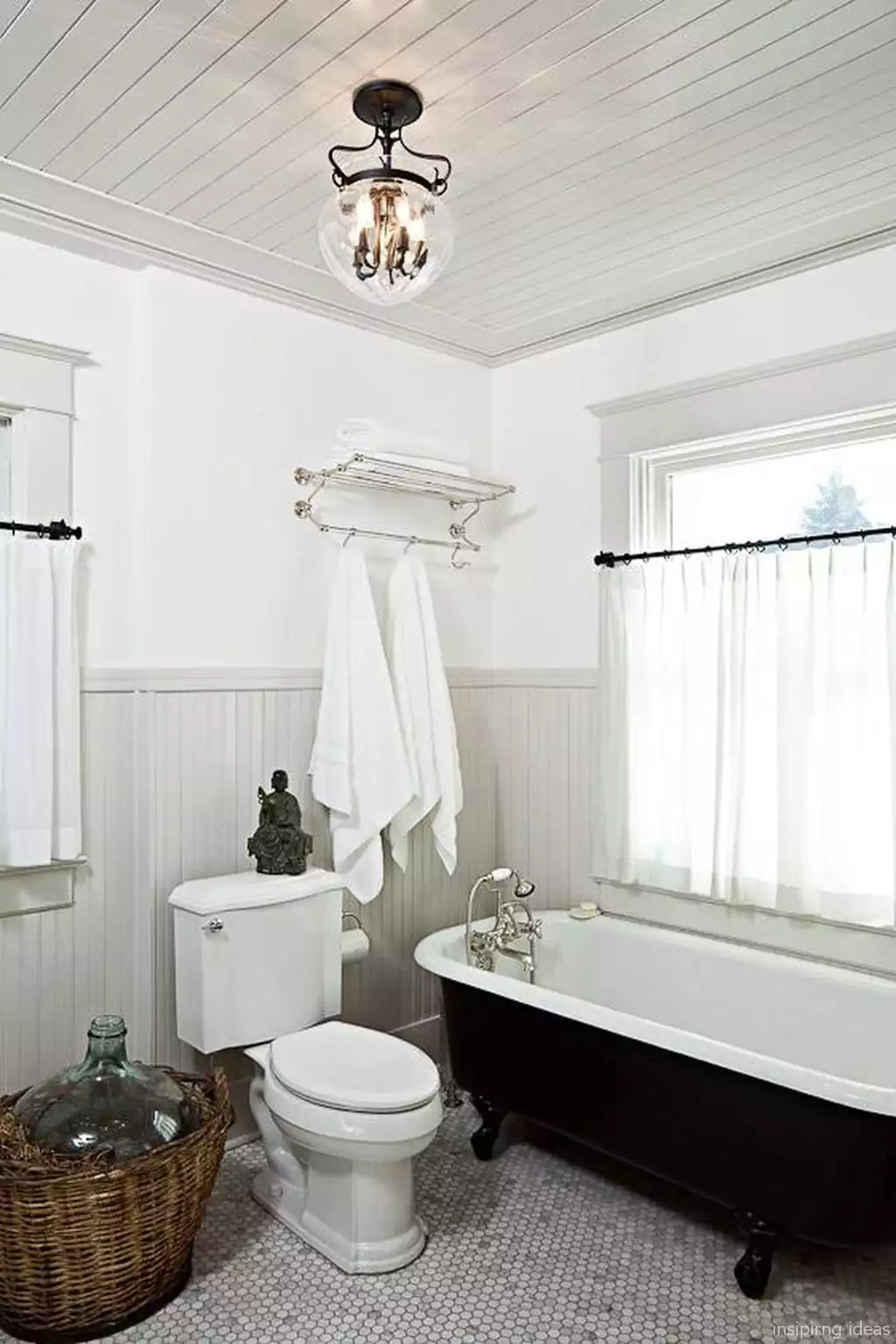 Beadboard ceiling black bathtub