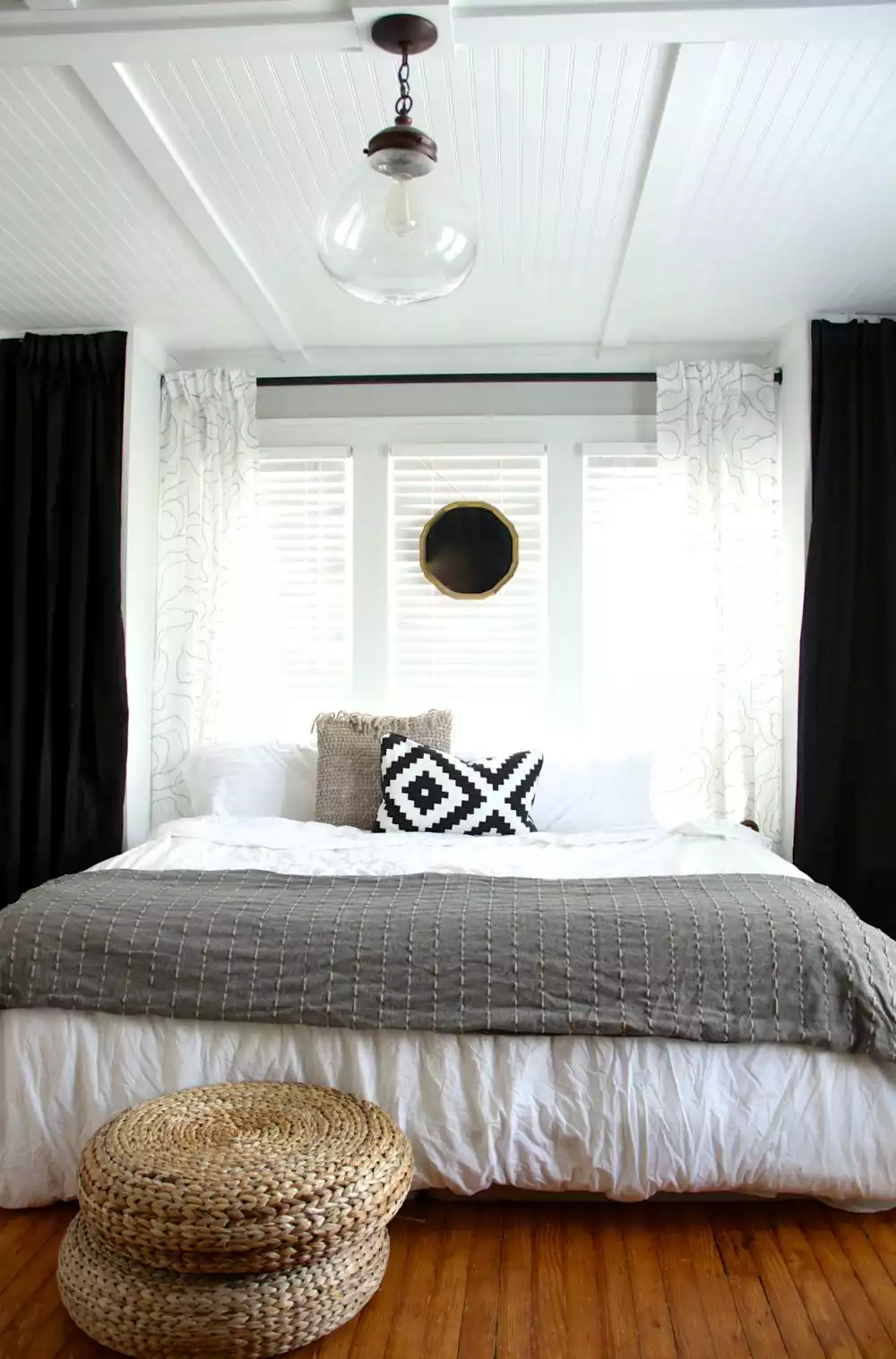 Beadboard ceiling black bedroom