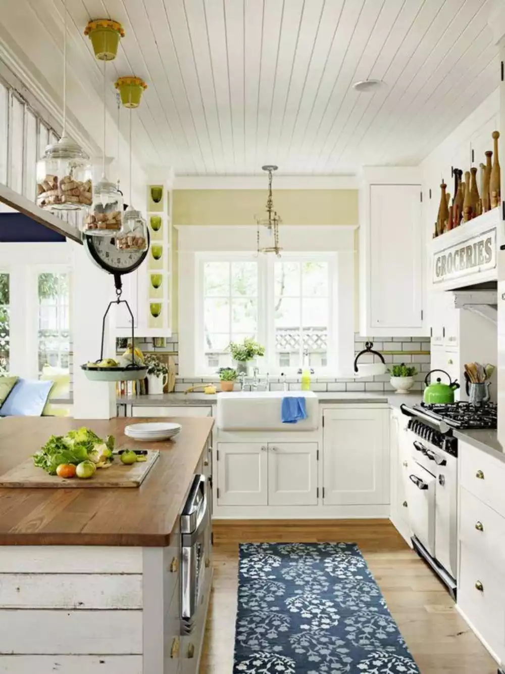 Beadboard ceiling blue farmhouse kitchen