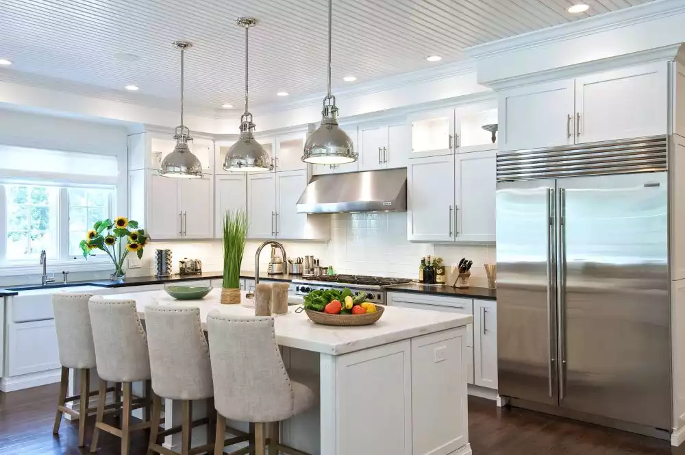 Beadboard ceiling white kitchen