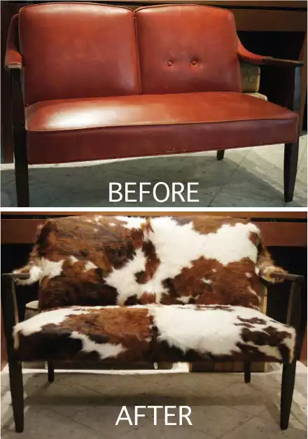 Before and after couch from leather to cowhide