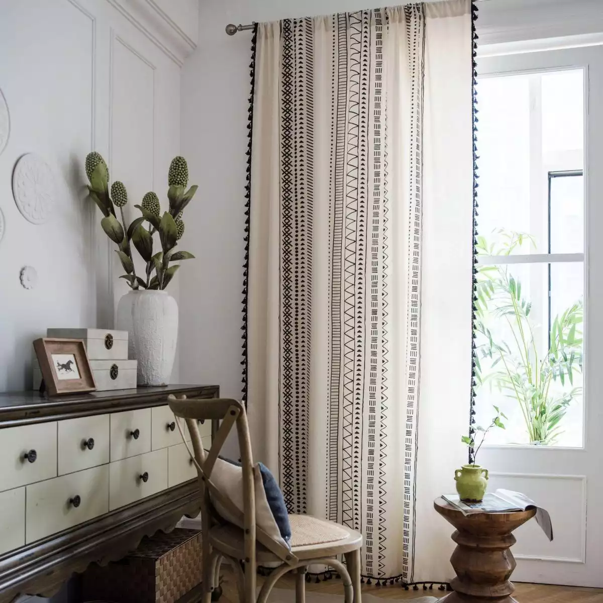 Black and white boho curtains