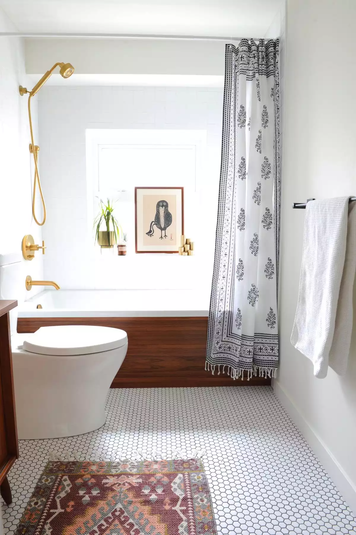 Black and white shower curtain with fringe
