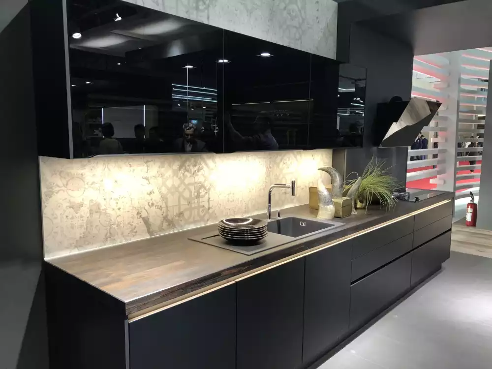 Black modern kitchen decor with upper cabinets wall galley style