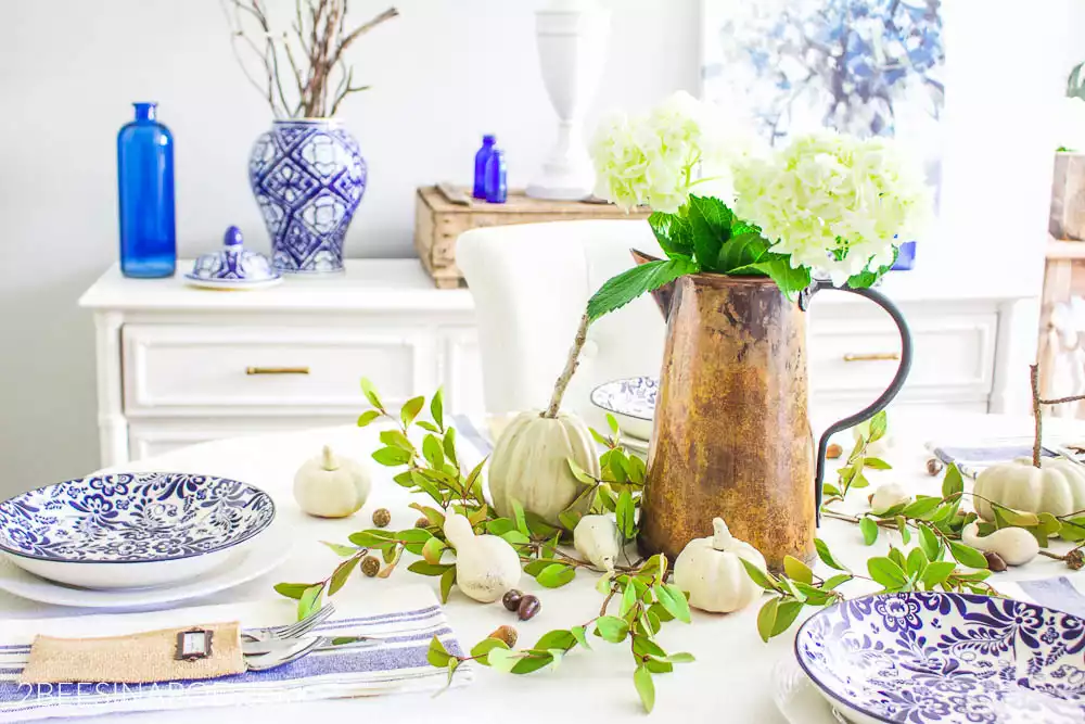 Blue and White Fall Tablescape