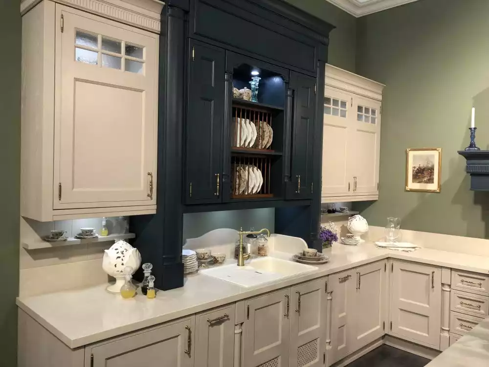 Blue and white two tone kitchen cabinets