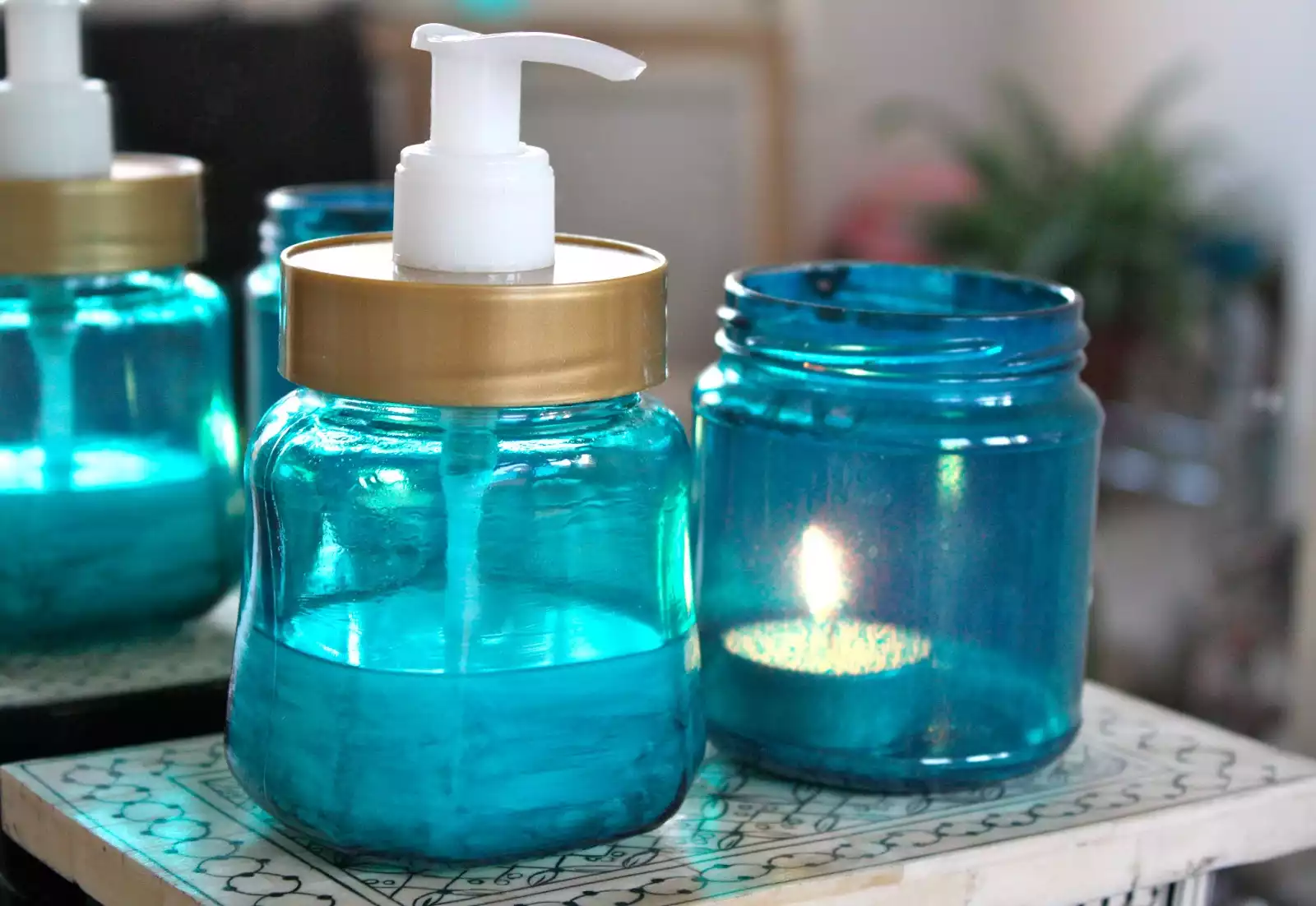 Blue soap dispenser