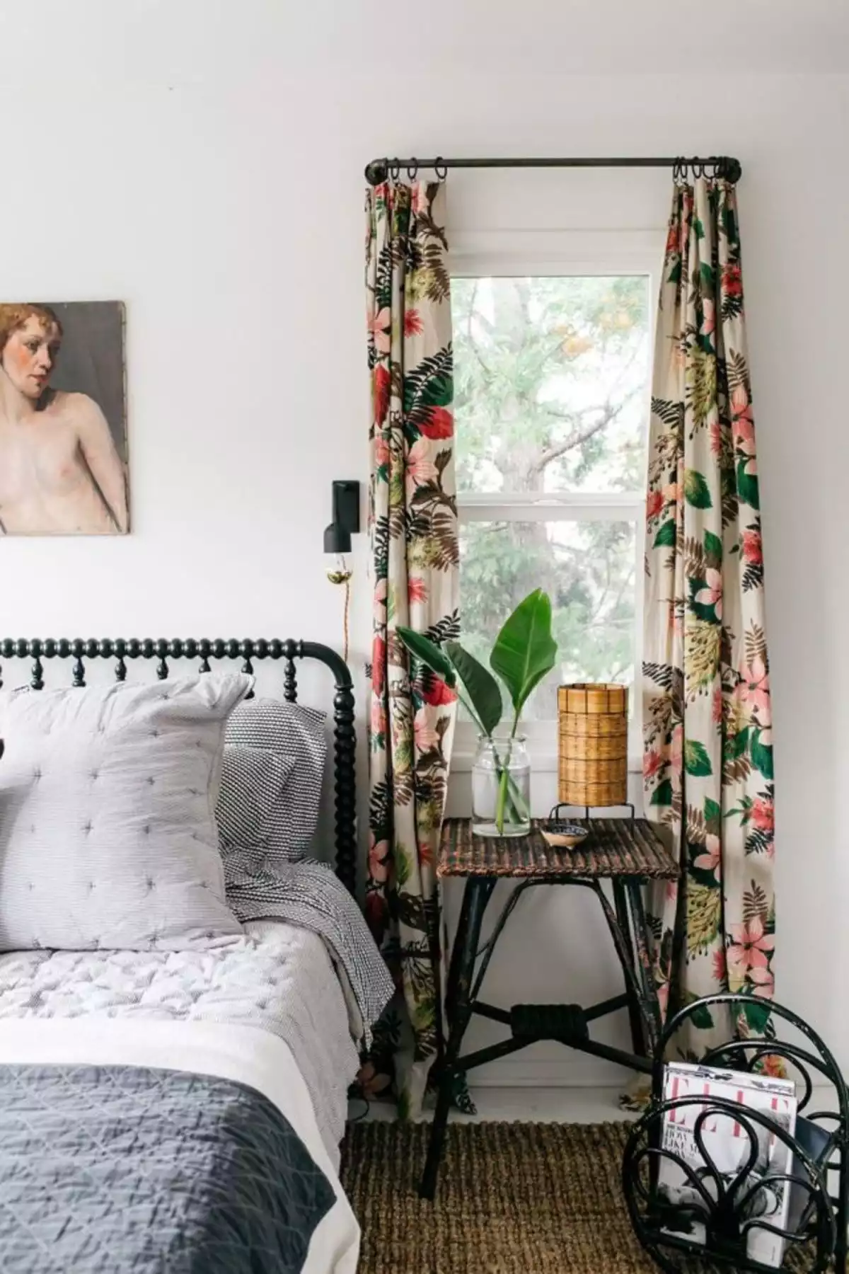 Boho bedroom curtains with floral pattern