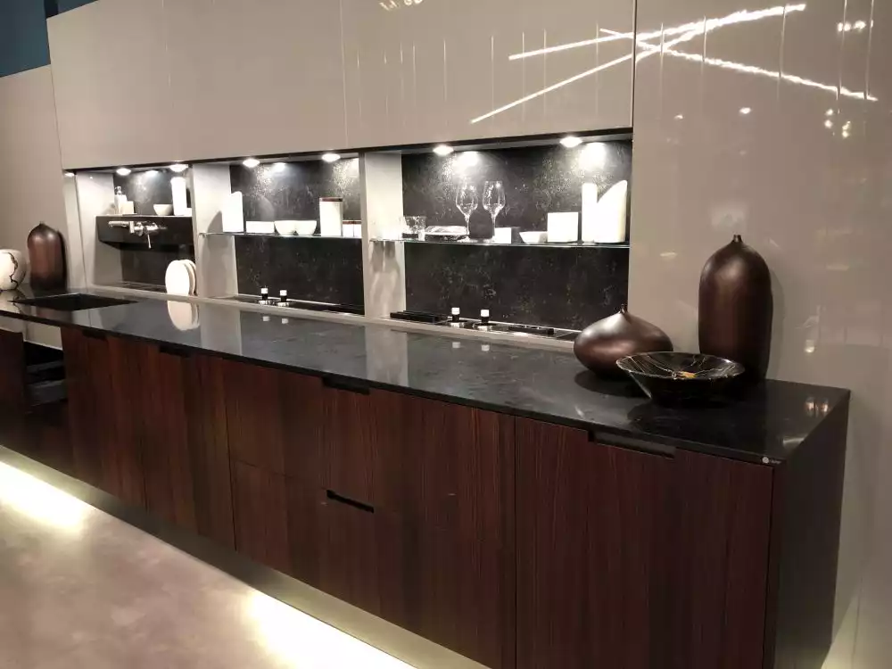 Brown and laquared kitchen cabinet