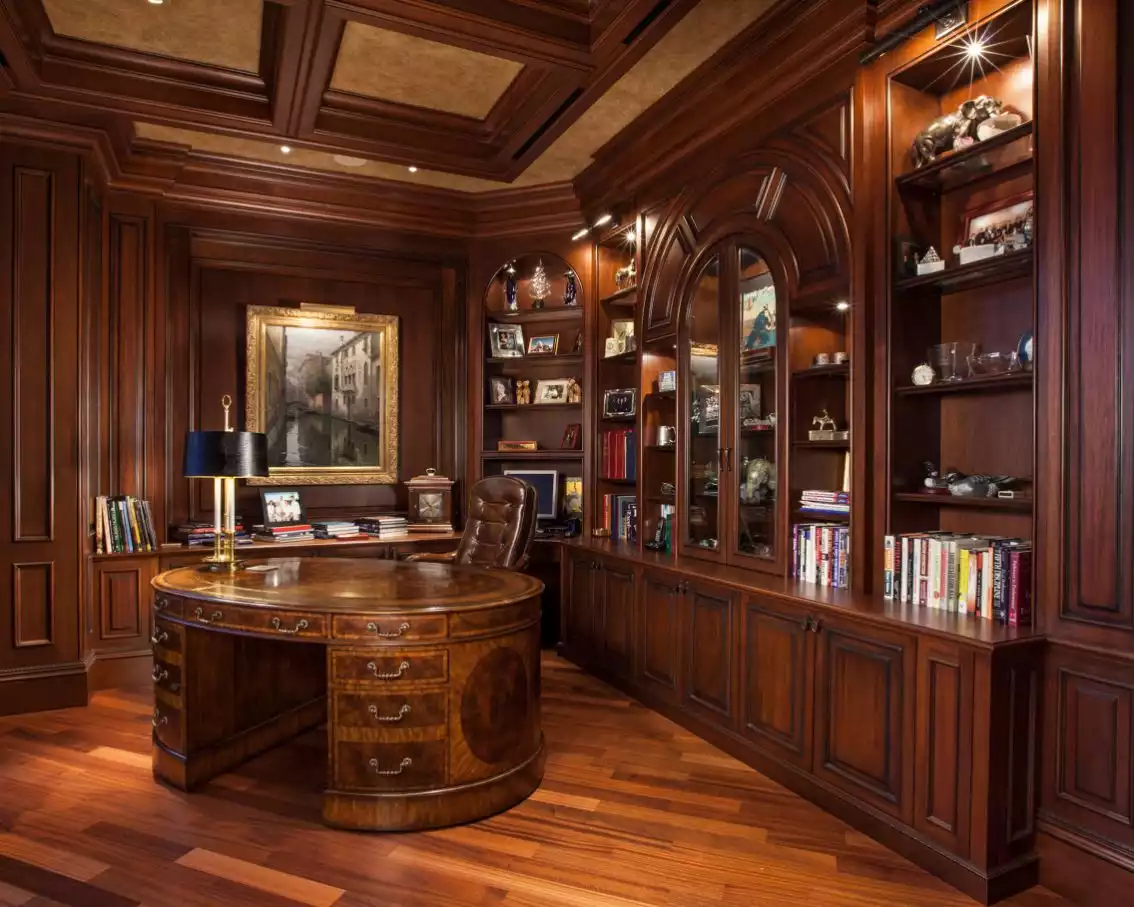 Brown wood paneling office room with coffered ceiling