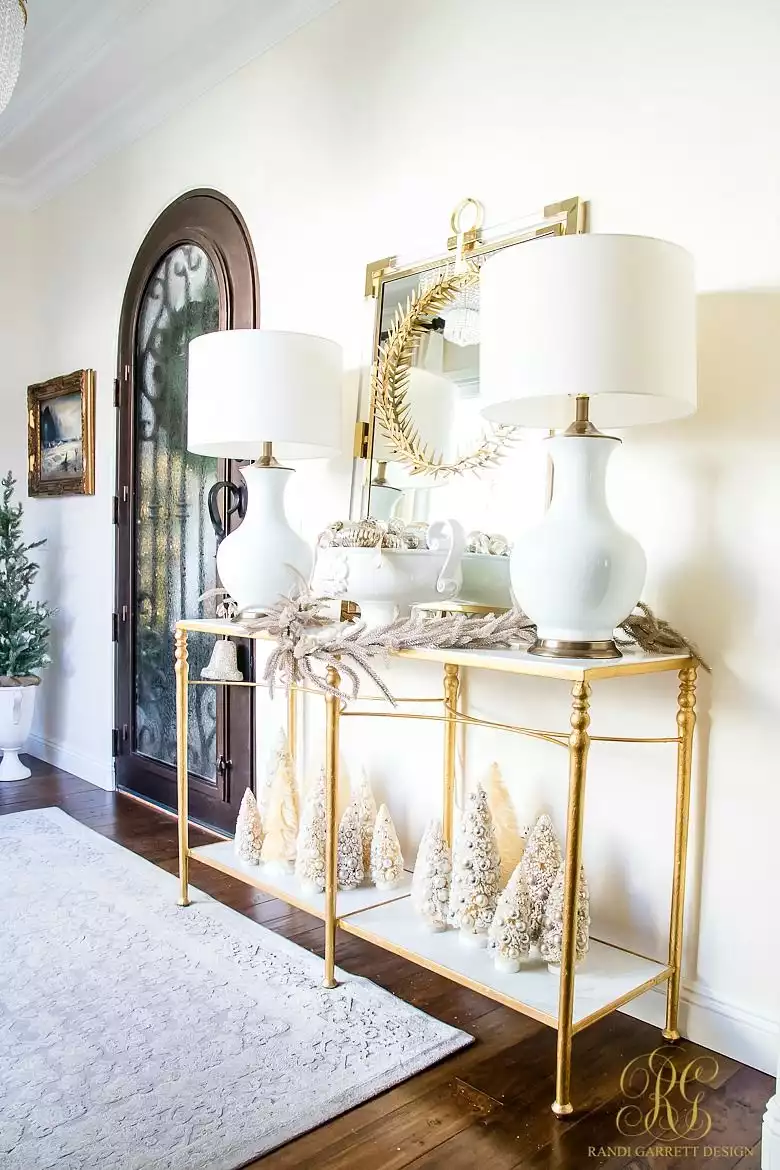 Christmas home decor with silver and gold - entryway console