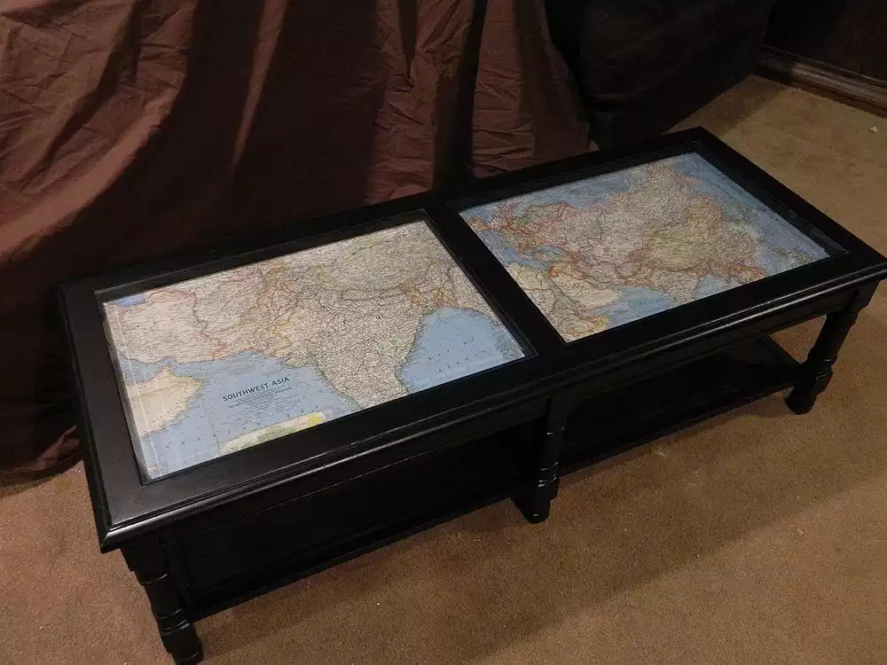 Coffee table makeover with antique maps