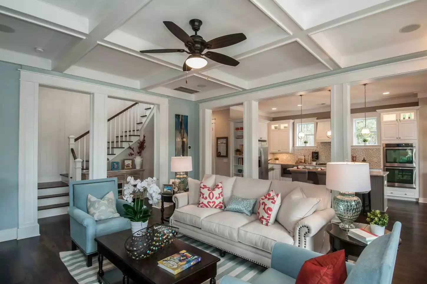 Coffered ceiling and fan