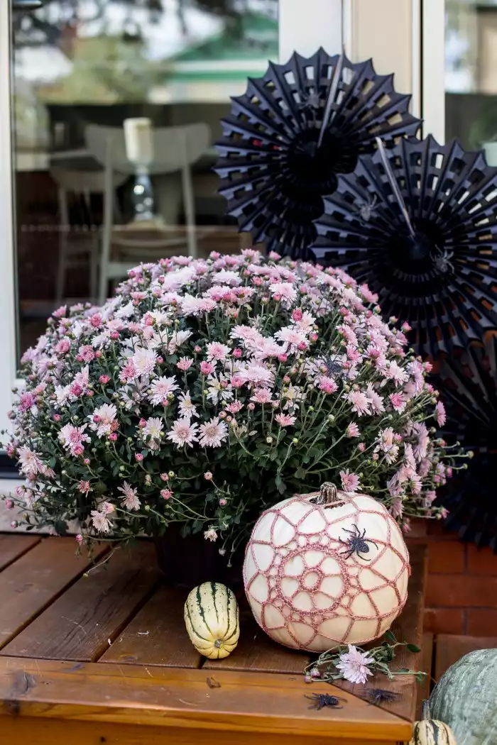 Crochet spider web on pumpkin