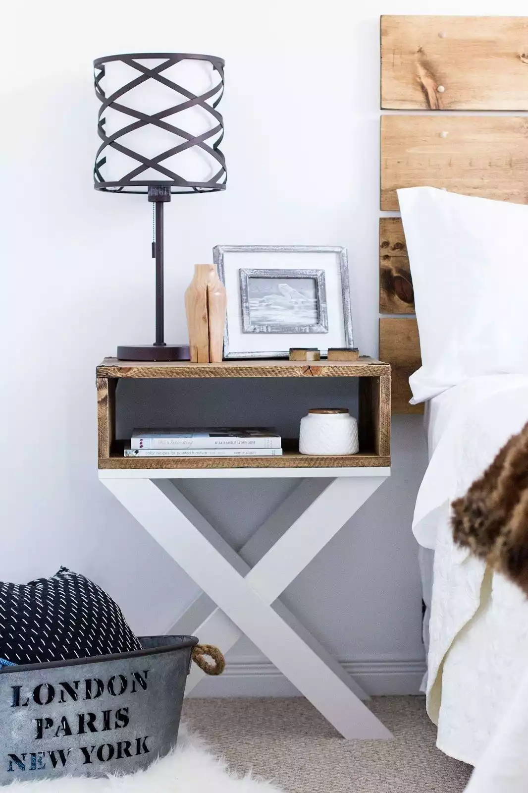 Two-tone nightstand with open cubby storage 