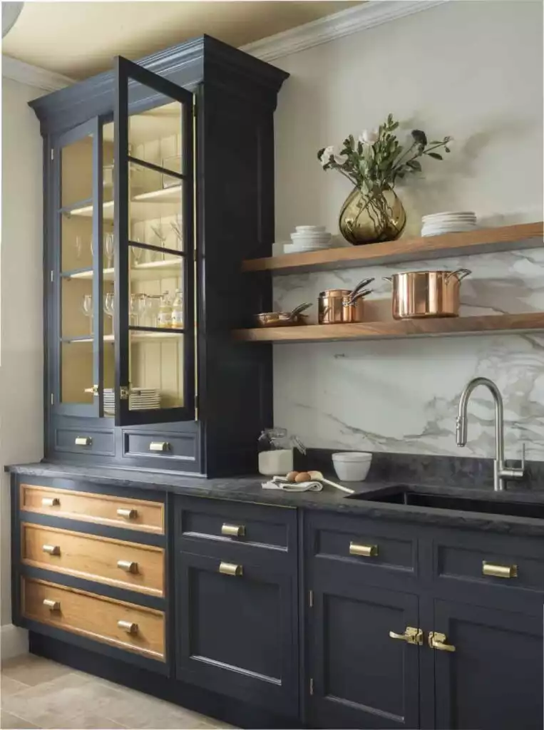 Dark Gray Kitchen Cabinets with Gold Interiors