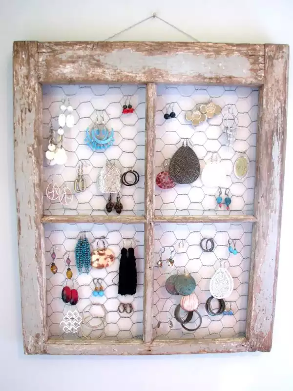 Distressed window frame jewelry holder