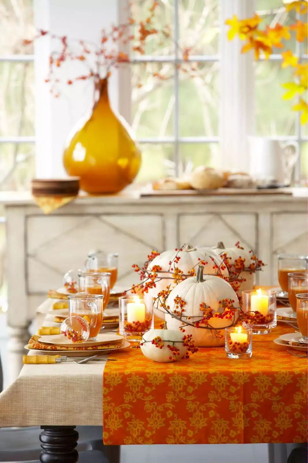 White Pumpkin Table Runner with Twigs and Berries