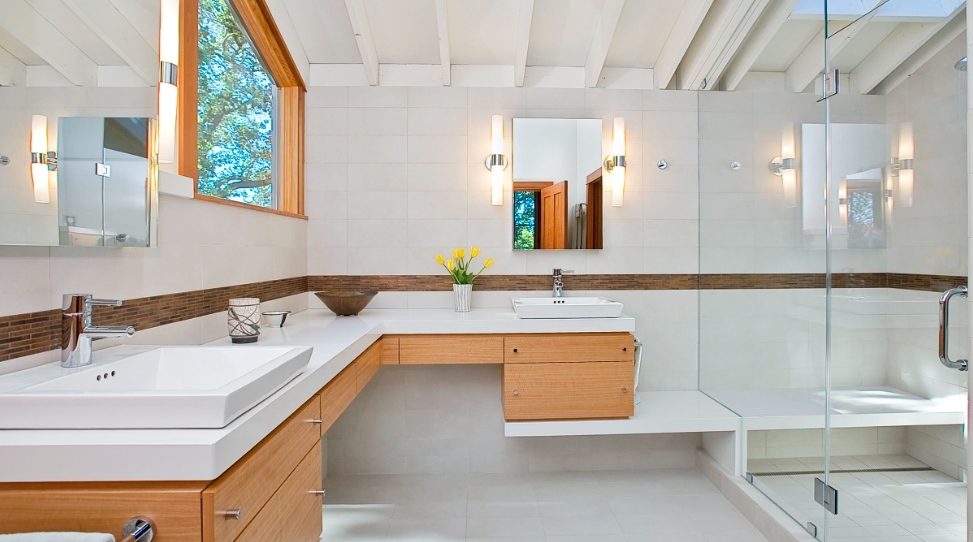 Floating Double-Sink Corner Bathroom Vanity
