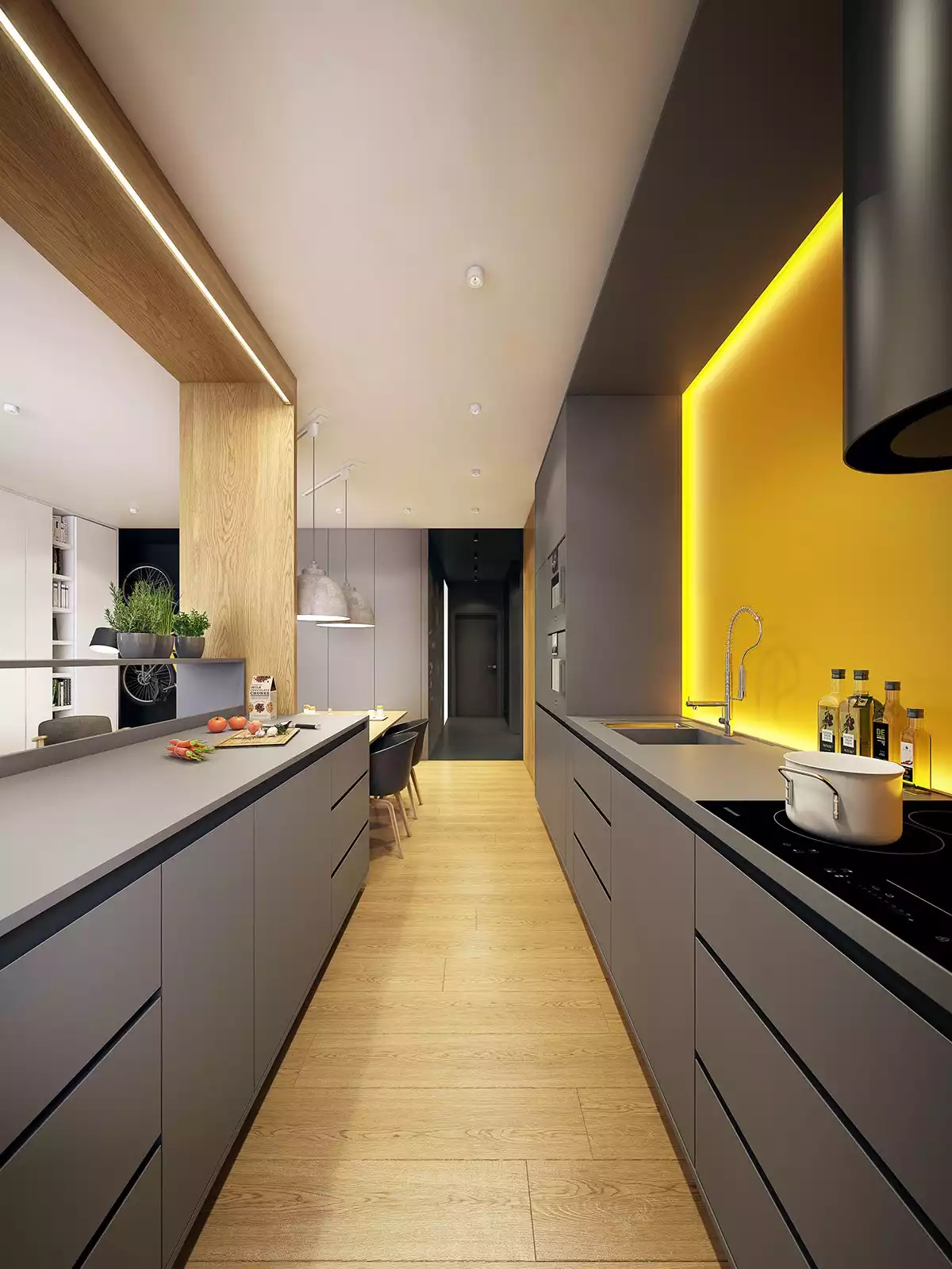 Gray Kitchen Cabinets and Yellow Combination