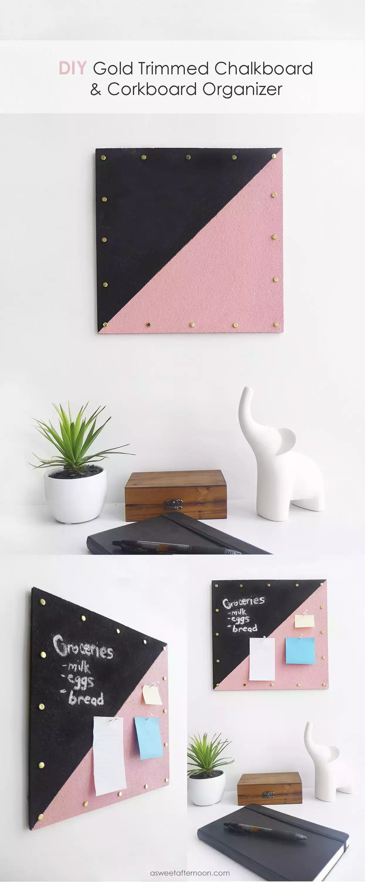 Gold trimmedt chalkboard and cork organzer