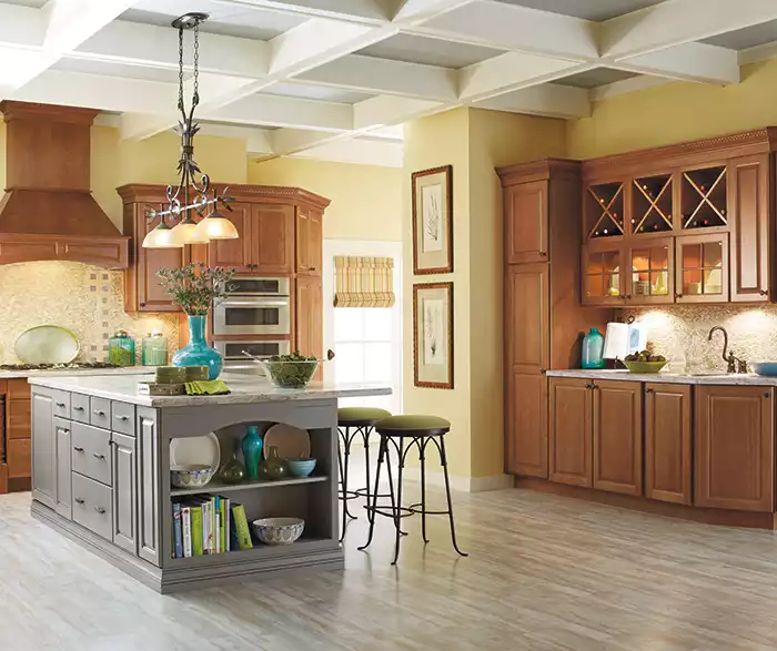 Gray Island with Wooden Cabinets