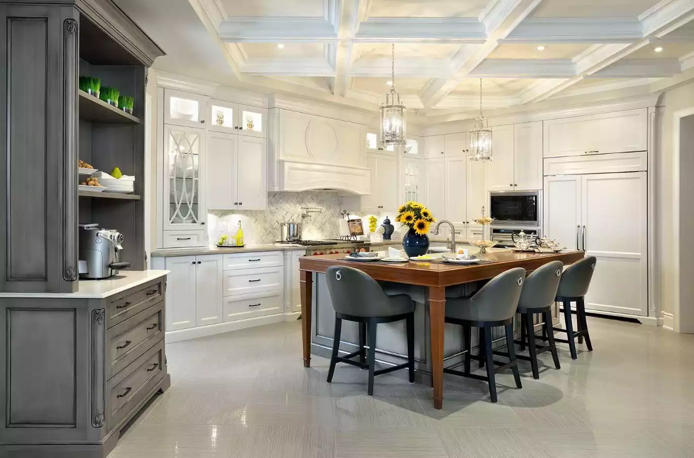 Gray kitchen accents with a modern coffered ceiling