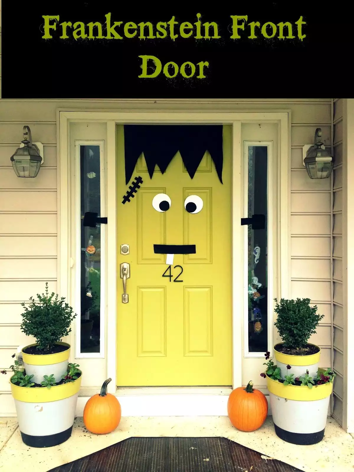 Green front door design for halloween