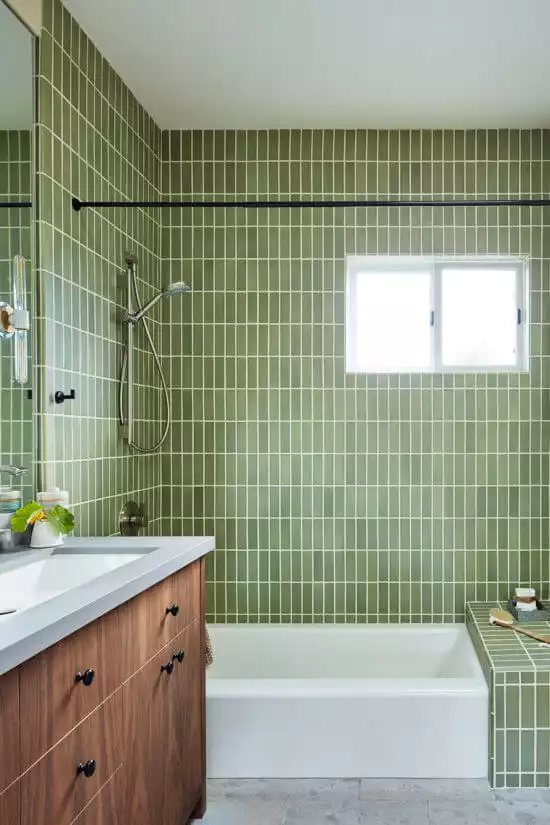 Green shower with vertical tiles