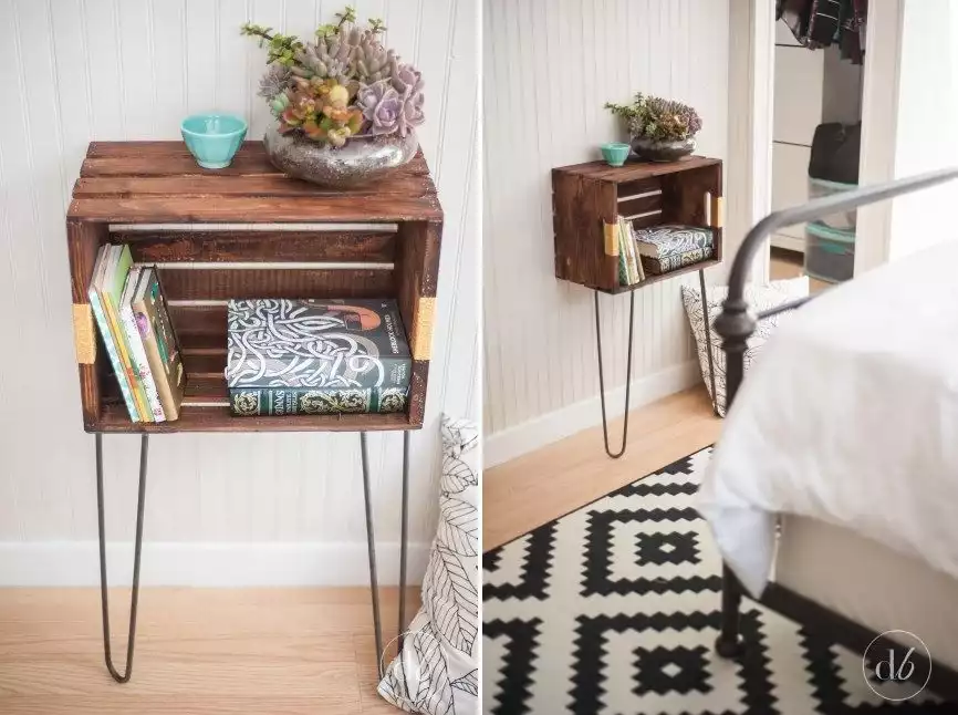 Repurposed wood crate with hairpin legs 