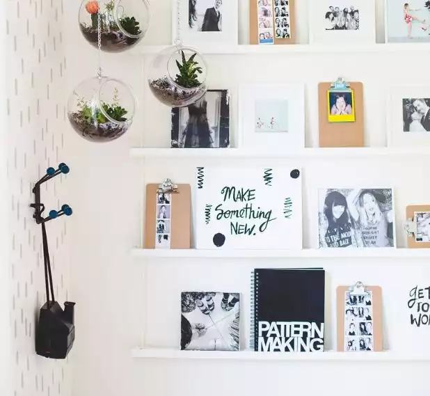 Slender and shallow shelves for books and pictures