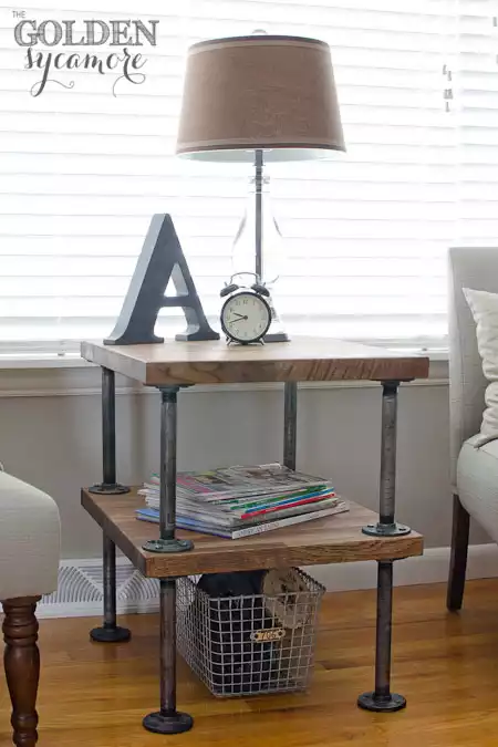 Indutrial end table with pipes and wood