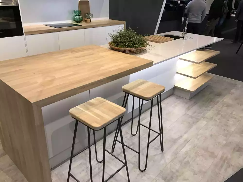 Kitchen island with wood countertop waterfall