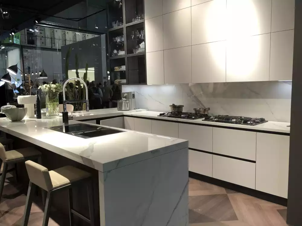 Kitchen setup with island white marble