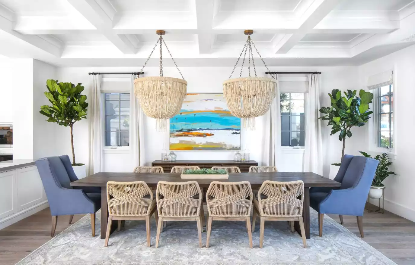 Large dining room with white coffered ceiling