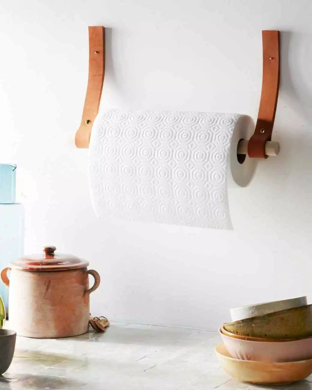 Leather straps paper towel holder