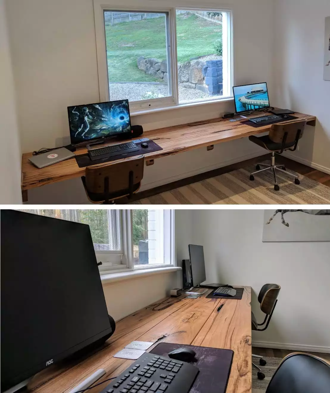 A two-person live edge shelf desk