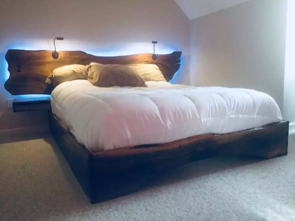 Live edge wood headboard with LED light backlit