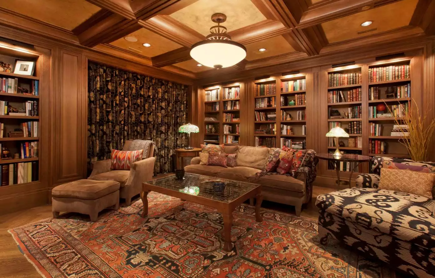 Media room with coffered ceiling